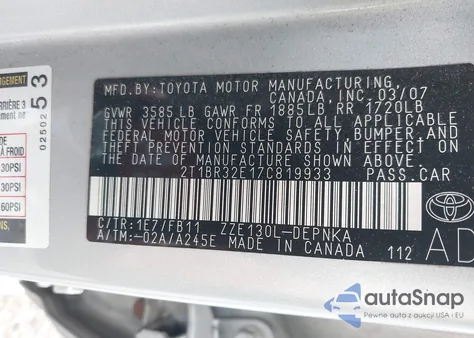 2007 Toyota Corolla Le из США, поврежденный, VIN 2T1BR32E17C819933